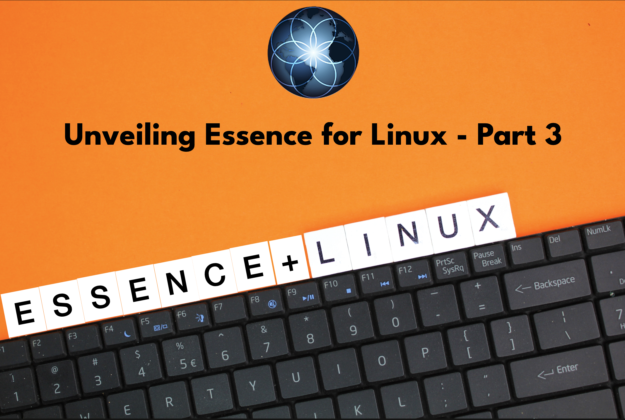 A graphic with letters cut out in paper that say Essence + Linux placed over the top of a keyboard. The Essence logo is at the top.