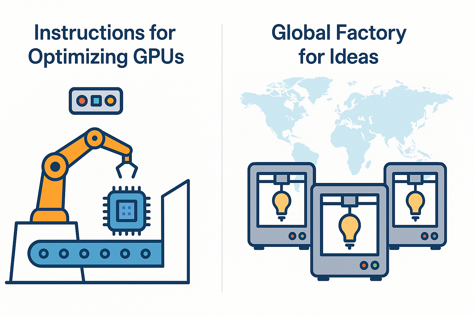 Illustration contrasting GPU instruction generation and global factory of ideas