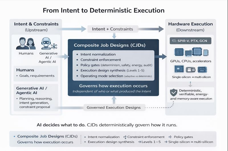AI systems produce intent and constraints, CJDs synthesize deterministic execution designs, hardware executes